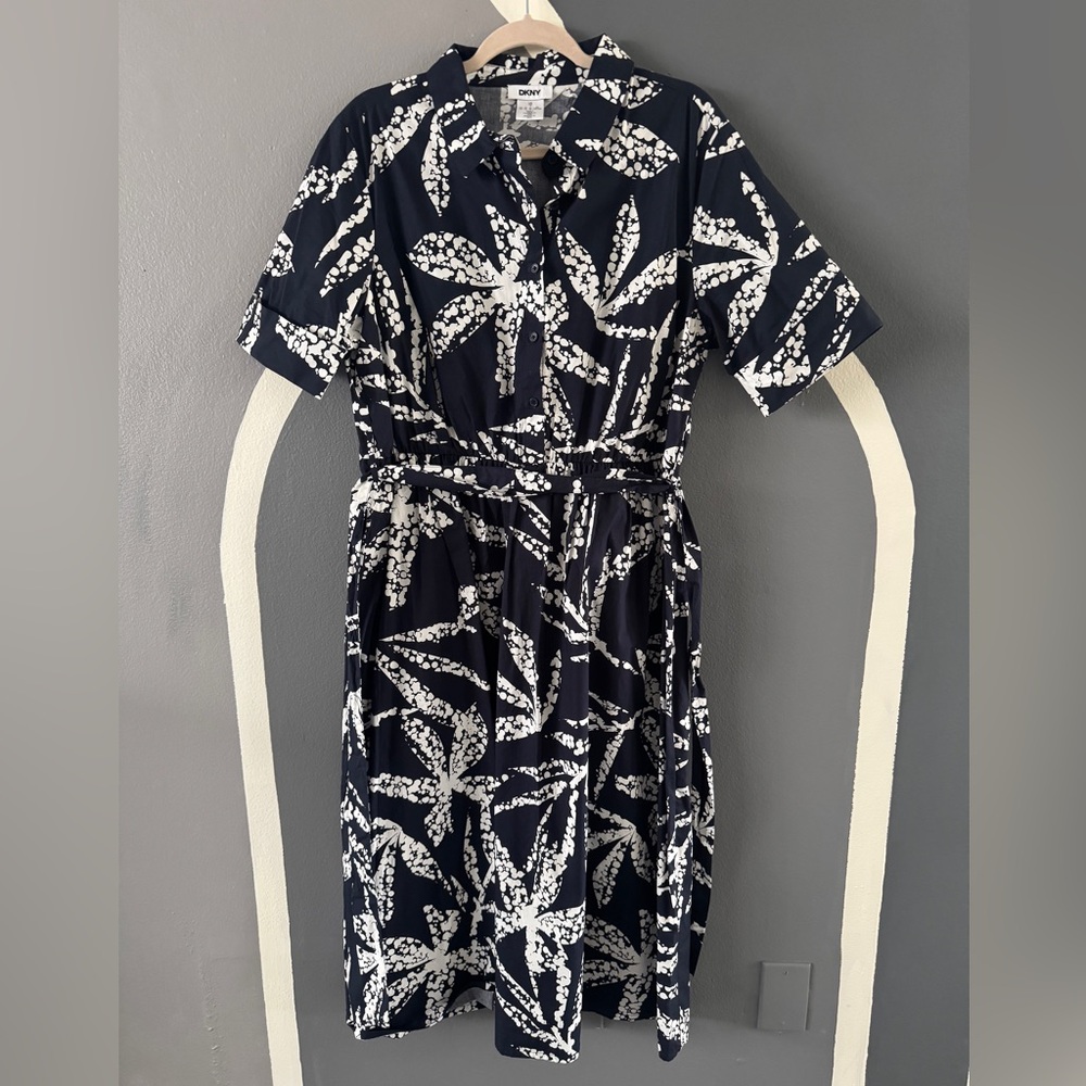 DKNY Navy and White Leaf Print Midi Dress